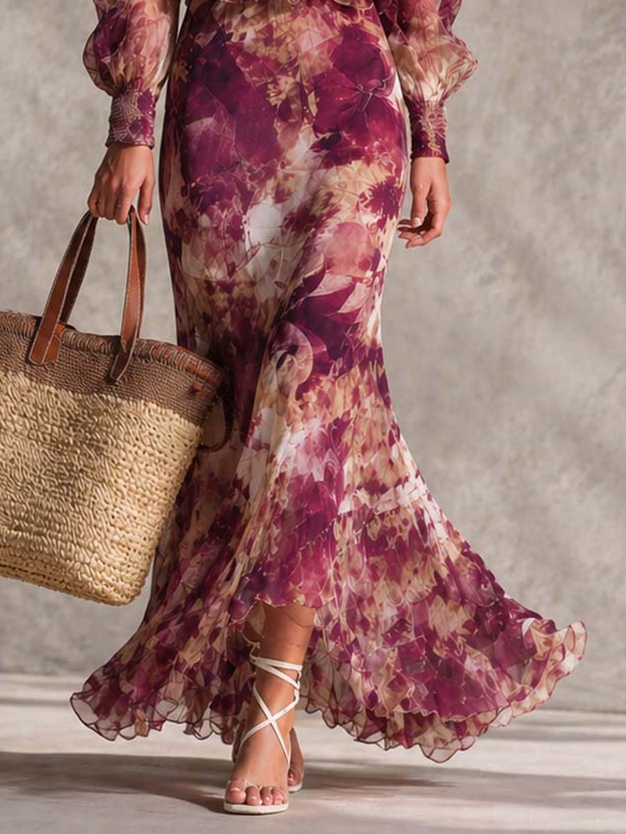 Françoise | Vestido maxi de muselina rosa con estampado floral y hombros descubiertos — foto 3
