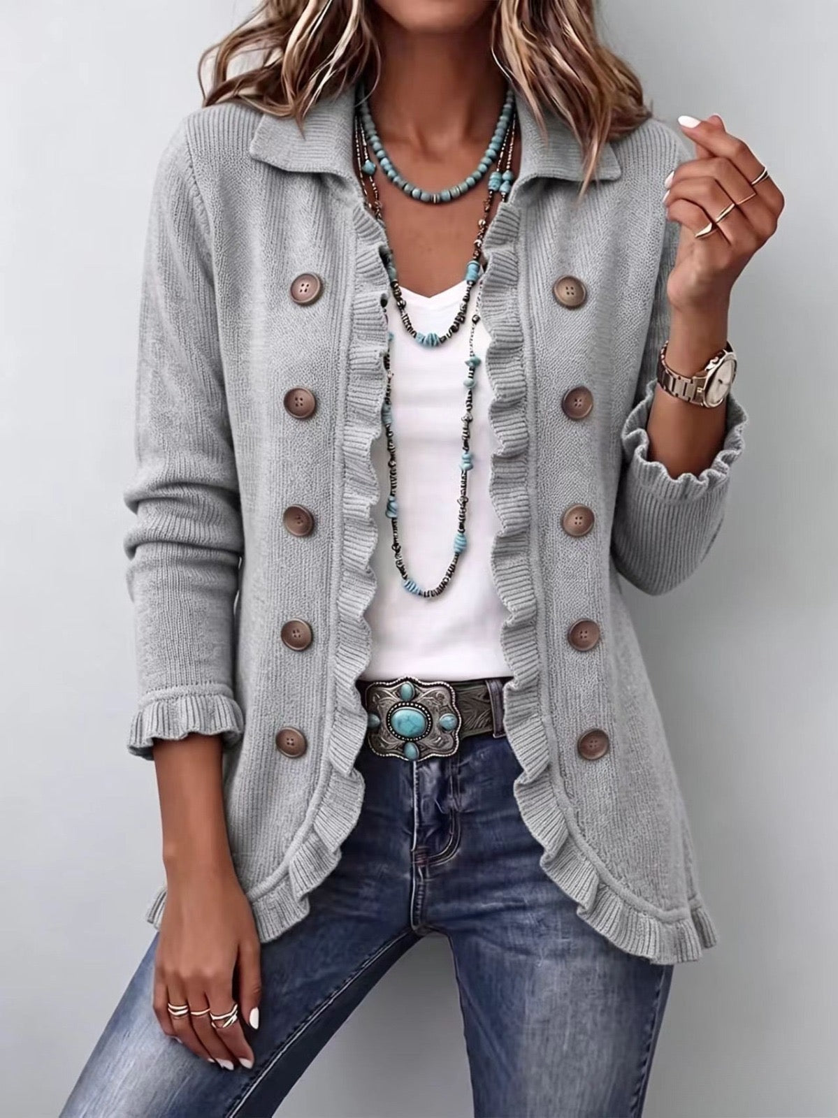 Eloísa · Chaqueta de punto gris jaspeado con volantes