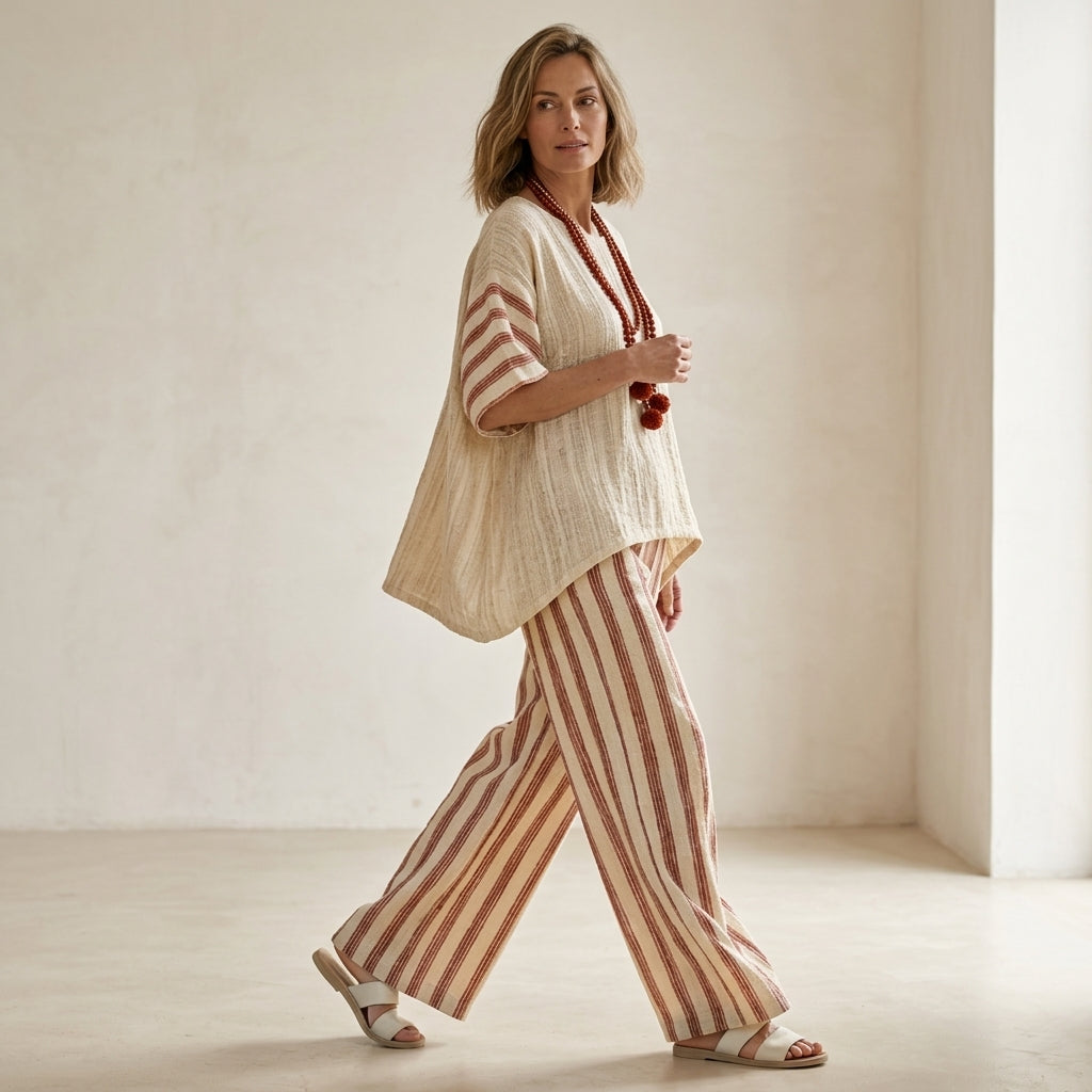 Rosalinda – Conjunto completo: top a rayas rústico-elegante y pantalones de lino crema