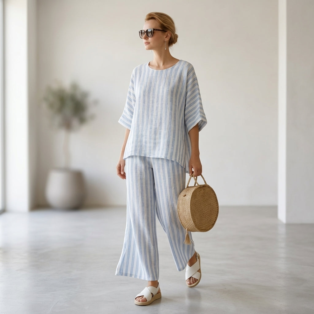 Federica – Top de lino a rayas azules sofisticado, combinado con pantalones holgados