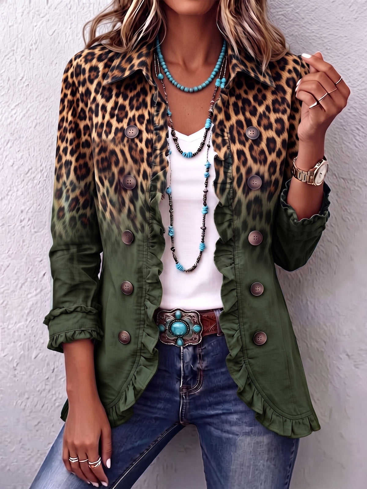 Ramona · Chaqueta blazer de leopardo verde con volantes