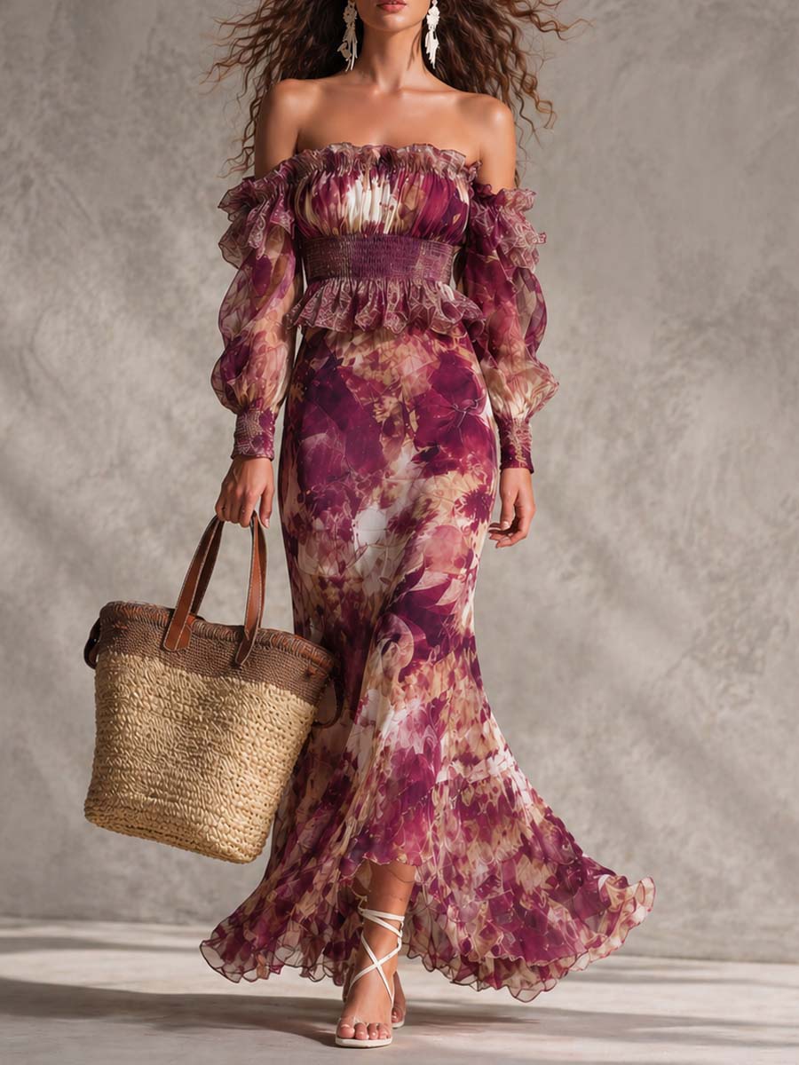 Françoise | Vestido maxi de muselina rosa con estampado floral y hombros descubiertos