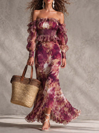 Françoise | Vestido maxi de muselina rosa con estampado floral y hombros descubiertos
