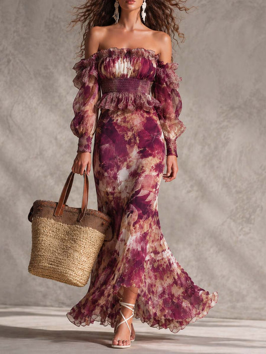 Françoise | Vestido maxi de muselina rosa con estampado floral y hombros descubiertos