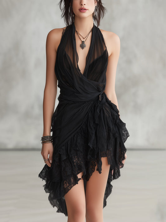 Eléonore | Vestido corto negro con espalda al descubierto, volantes y encaje
