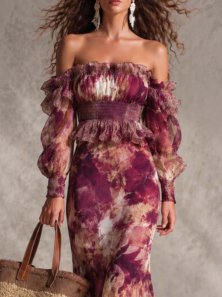 Françoise | Vestido maxi de muselina rosa con estampado floral y hombros descubiertos — foto 2