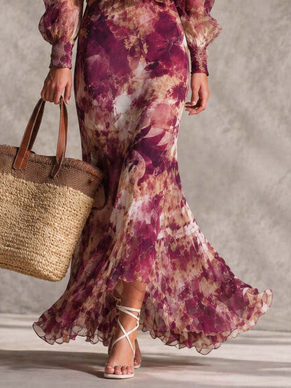 Françoise | Vestido maxi de muselina rosa con estampado floral y hombros descubiertos — foto 3