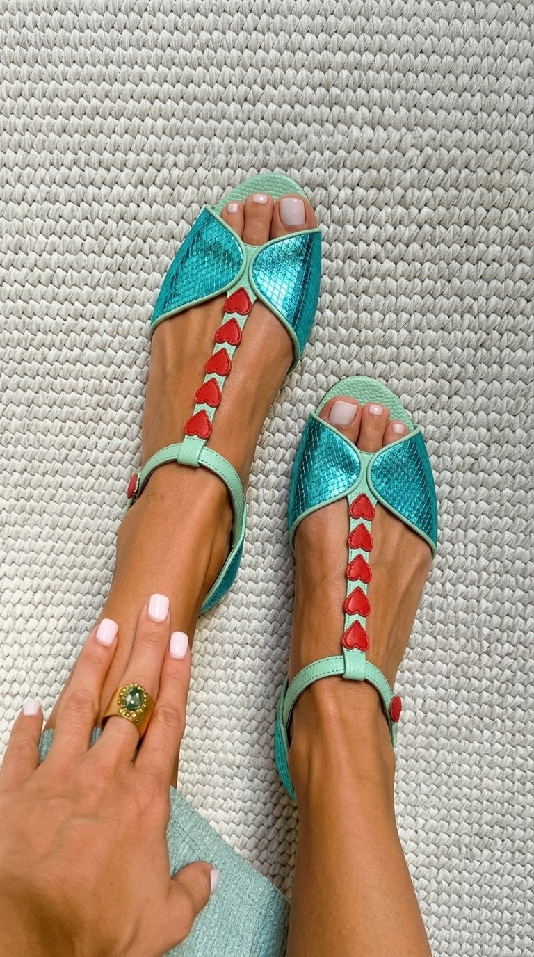 Sandalias peep toe de tacón bajo en azul petróleo y rojo con correa en T y corazón