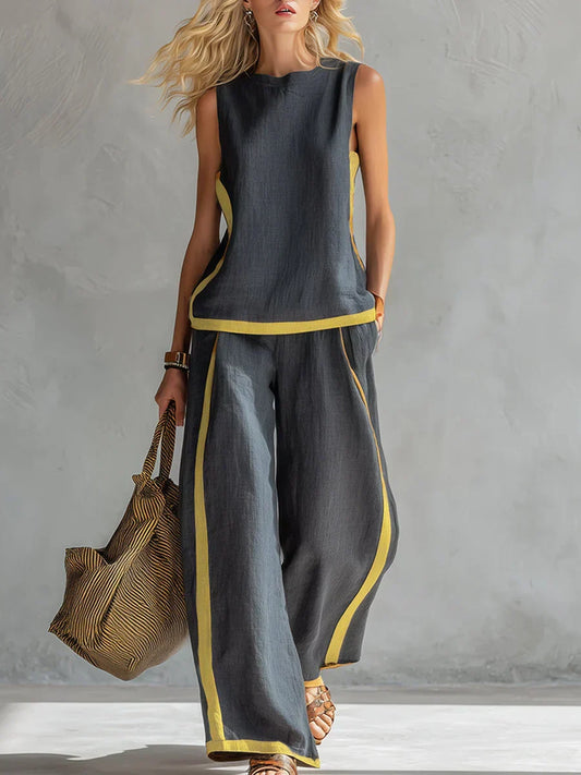 Ursula – Conjunto de chaleco y pantalón chic-desenfadado con acabados bicolores