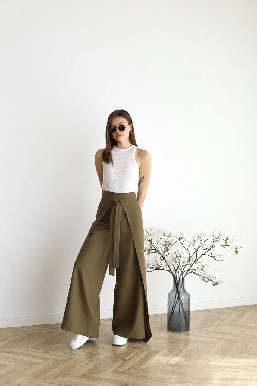Ariane · Pantalón Ancho de Lino — Caqui
