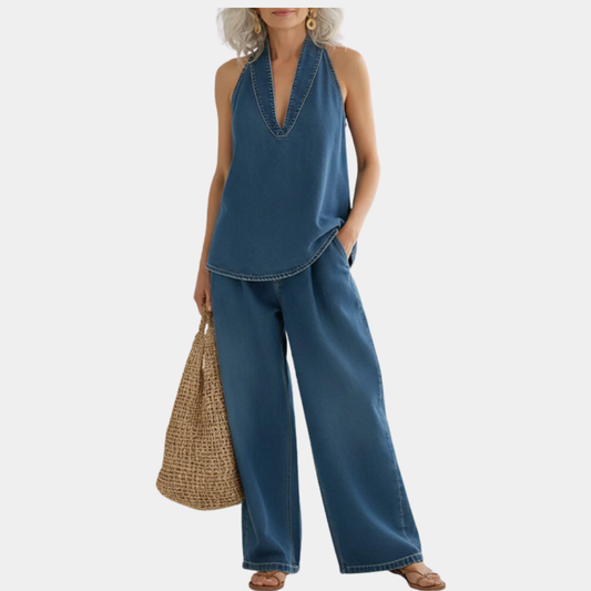 Ivy | Conjunto de denim de dos piezas con efecto vintage lavado suave