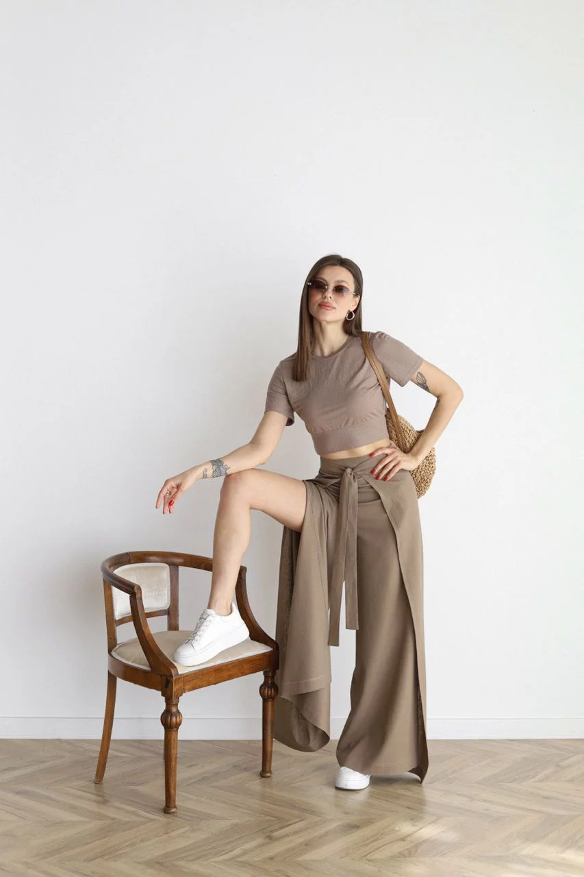 Ariane · Pantalón Ancho de Lino — Moca
