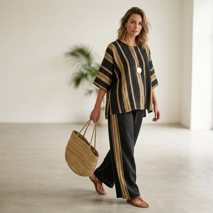 Tamara – top de rayas oversize ultracómodo y pantalones de lino de corte relajado