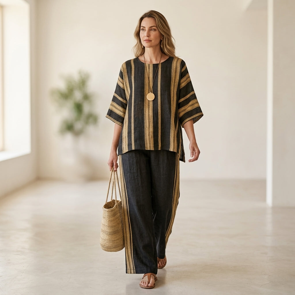 Tamara – top de rayas oversize ultracómodo y pantalones de lino de corte relajado