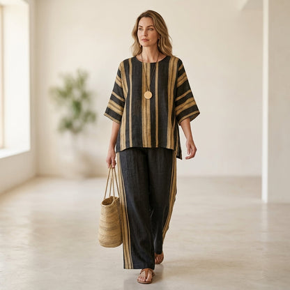 Tamara – top de rayas oversize ultracómodo y pantalones de lino de corte relajado