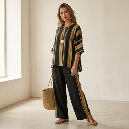 Tamara – top de rayas oversize ultracómodo y pantalones de lino de corte relajado