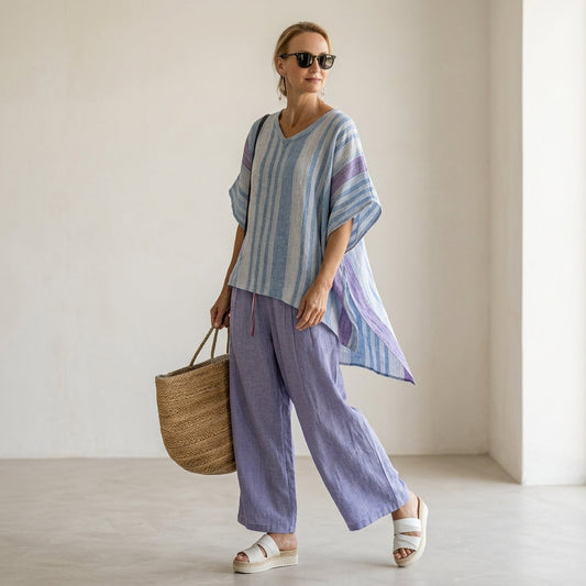 Carlotta – Conjunto elegante: top lavanda y azul cielo con pantalones de lino