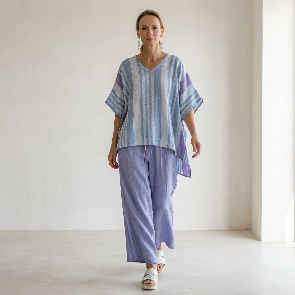 Carlotta – Conjunto elegante: top lavanda y azul cielo con pantalones de lino