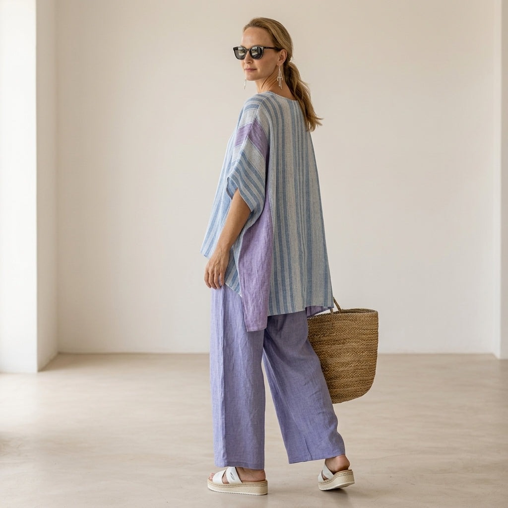 Carlotta – Conjunto elegante: top lavanda y azul cielo con pantalones de lino