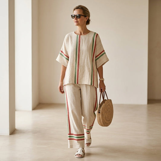 Noemi – Blusa boho estampada, combinada con pantalones holgados de corte cómodo