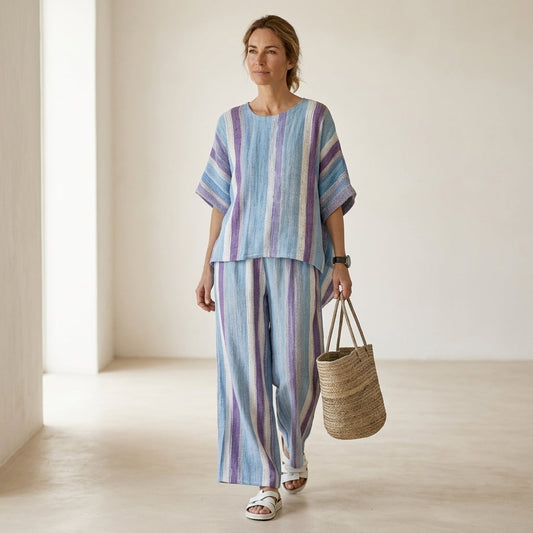Ginevra – top en mauve pastel elegante y pantalones a rayas de lino