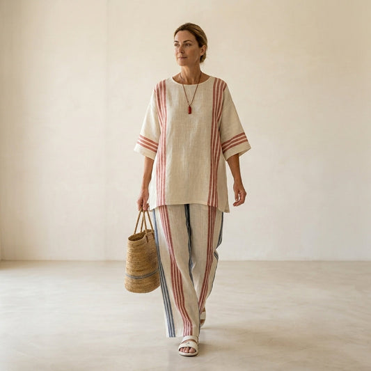 Ludovica – top de rayas multicolores sofisticado combinado con pantalones mediterráneos