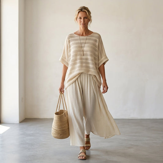 Graziella – Top a rayas de bambú natural y pantalones de lino fluido, conjunto coordinado fresco y elegante