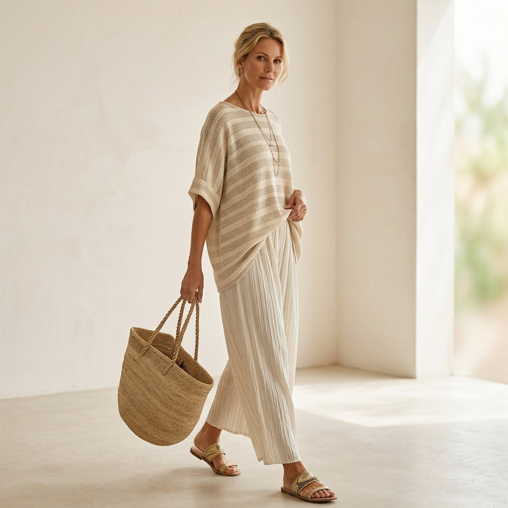 Graziella – Top a rayas de bambú natural y pantalones de lino fluido, conjunto coordinado fresco y elegante