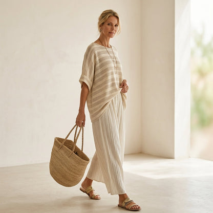 Graziella – Top a rayas de bambú natural y pantalones de lino fluido, conjunto coordinado fresco y elegante