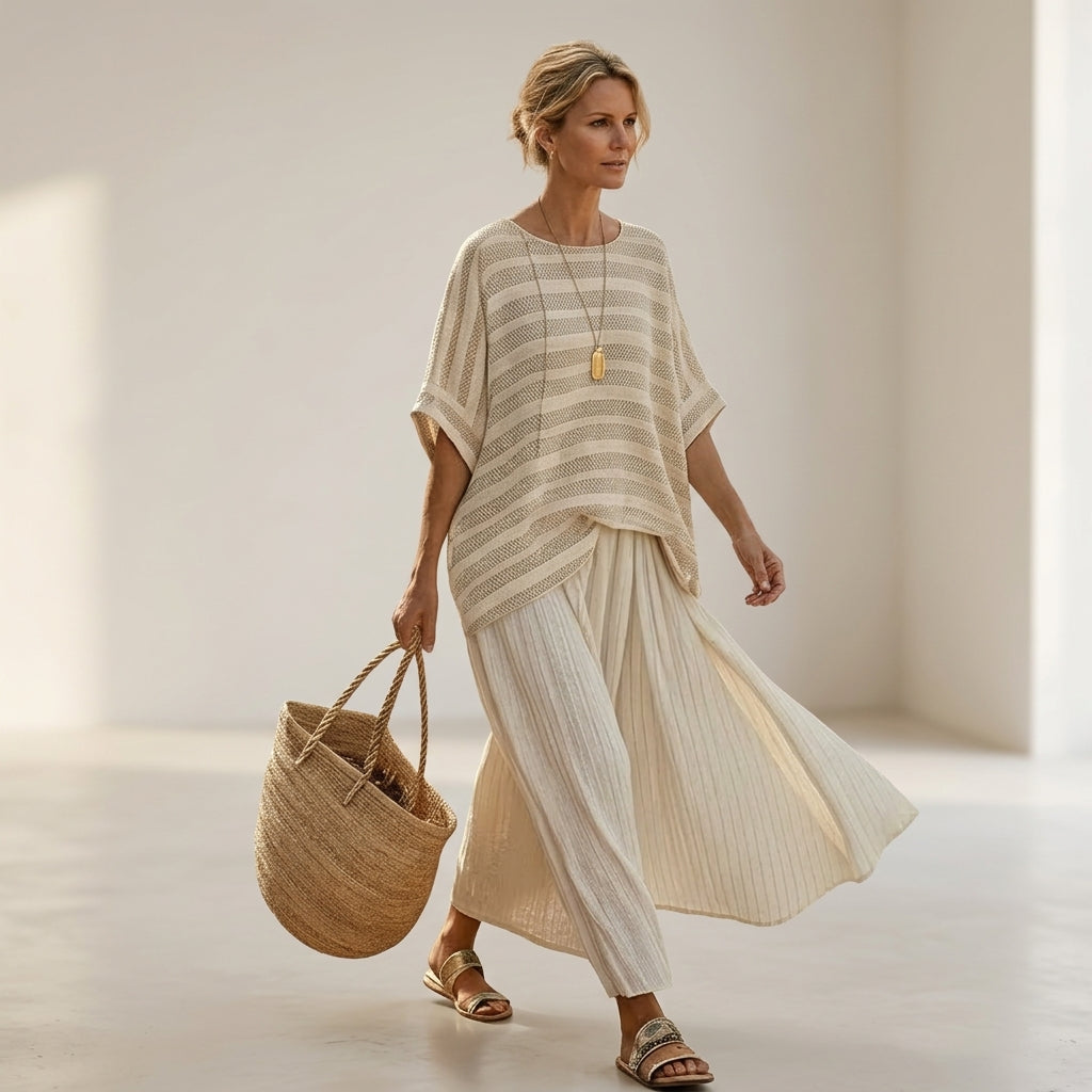 Graziella – Top a rayas de bambú natural y pantalones de lino fluido, conjunto coordinado fresco y elegante