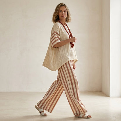 Rosalinda – Conjunto completo: top a rayas rústico-elegante y pantalones de lino crema