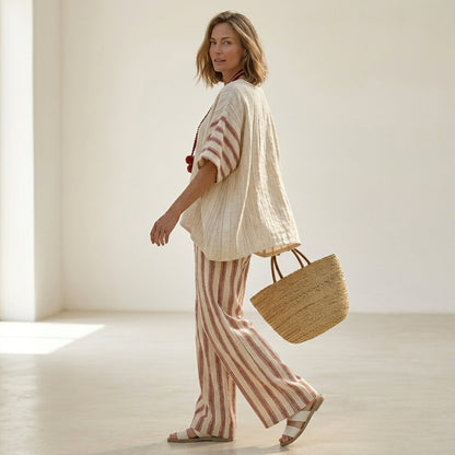 Rosalinda – Conjunto completo: top a rayas rústico-elegante y pantalones de lino crema