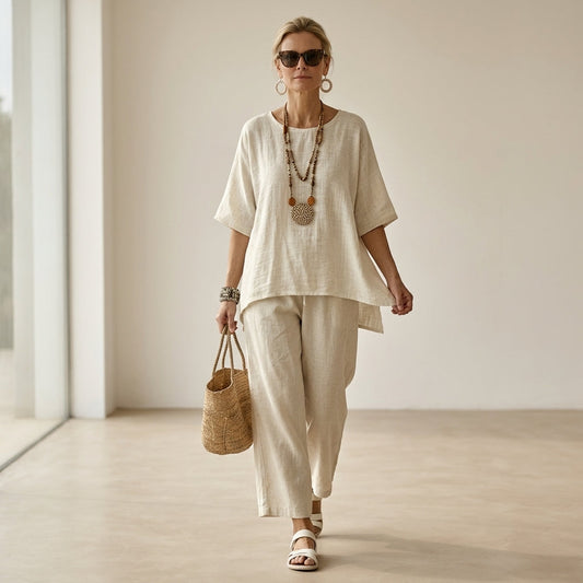 Beatrice – Camisa cómoda y esencial, combinada con pantalones de pierna ancha