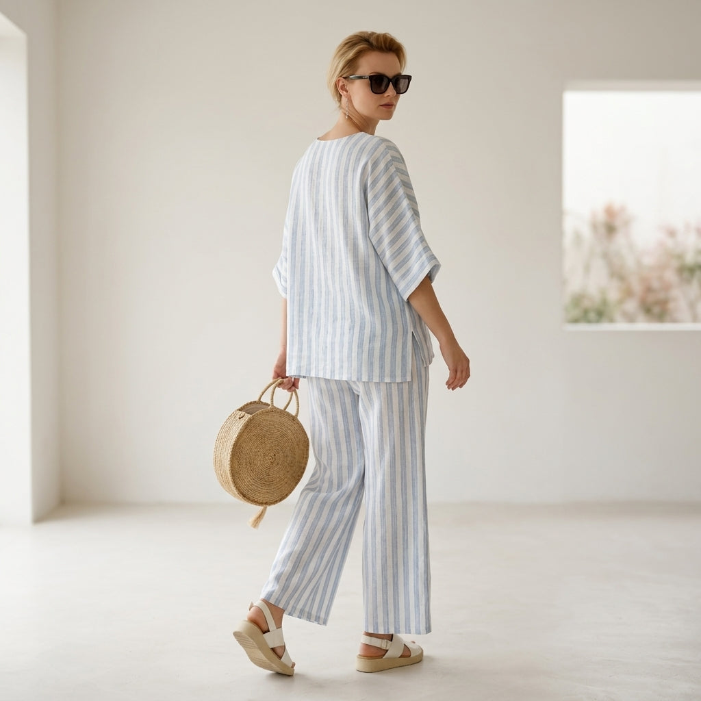 Federica – Top de lino a rayas azules sofisticado, combinado con pantalones holgados