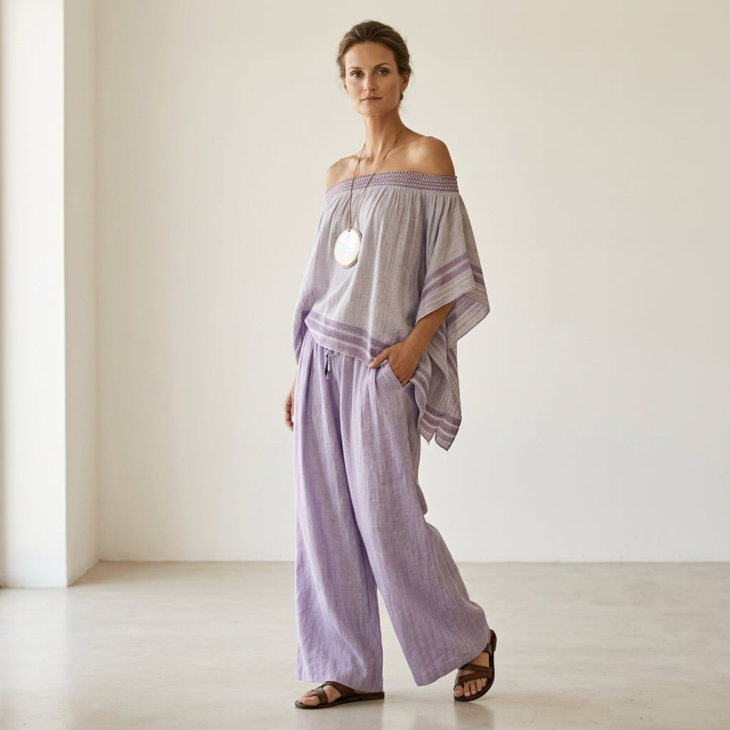 Serenella - conjunto top de hombros descubiertos y pantalones a rayas de pierna ancha