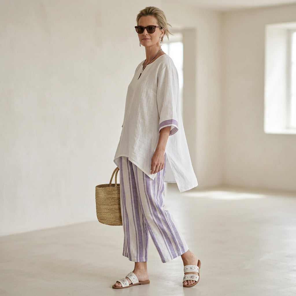 Allegra – blusa cómoda y pantalones a rayas de bambú