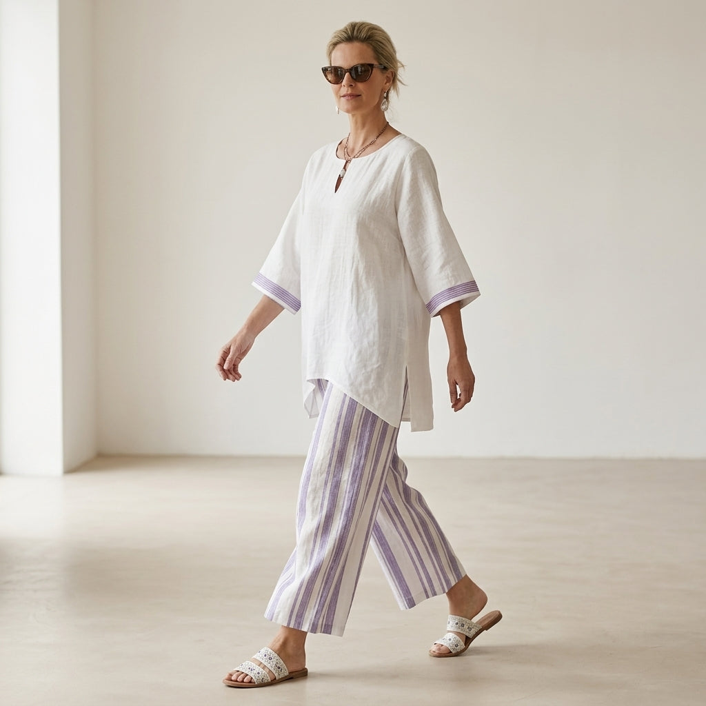 Allegra – blusa cómoda y pantalones a rayas de bambú