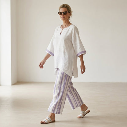 Allegra – blusa cómoda y pantalones a rayas de bambú