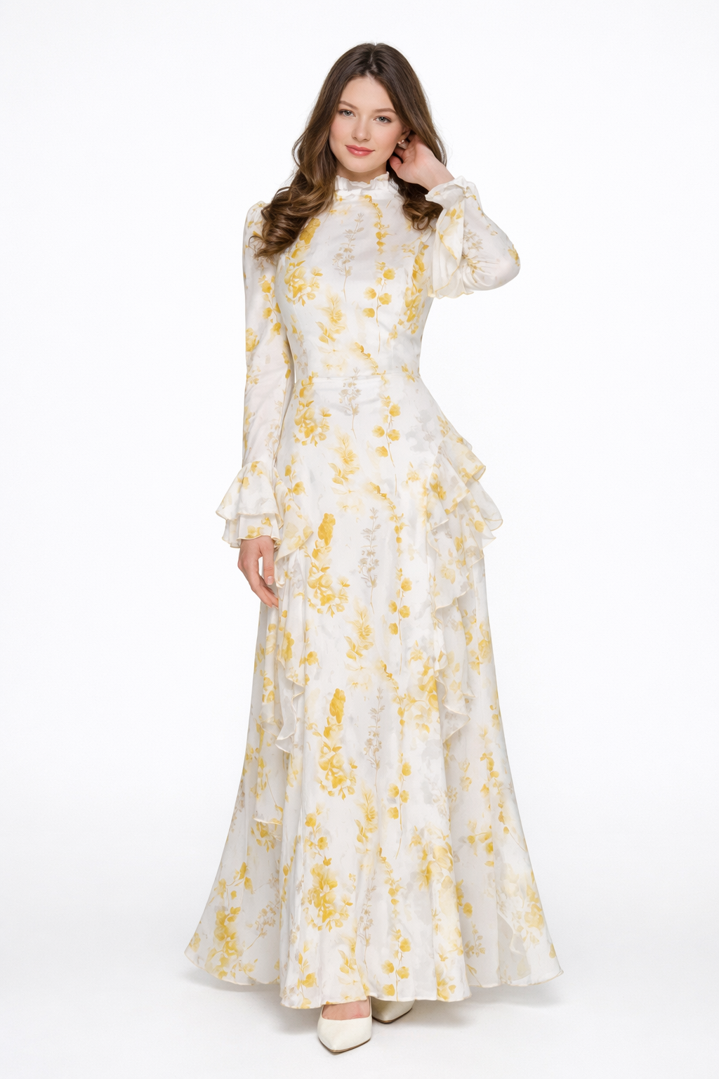 Elisabeth | Vestido maxi asimétrico de muselina beige con cuello alto y estampado de pintura al óleo