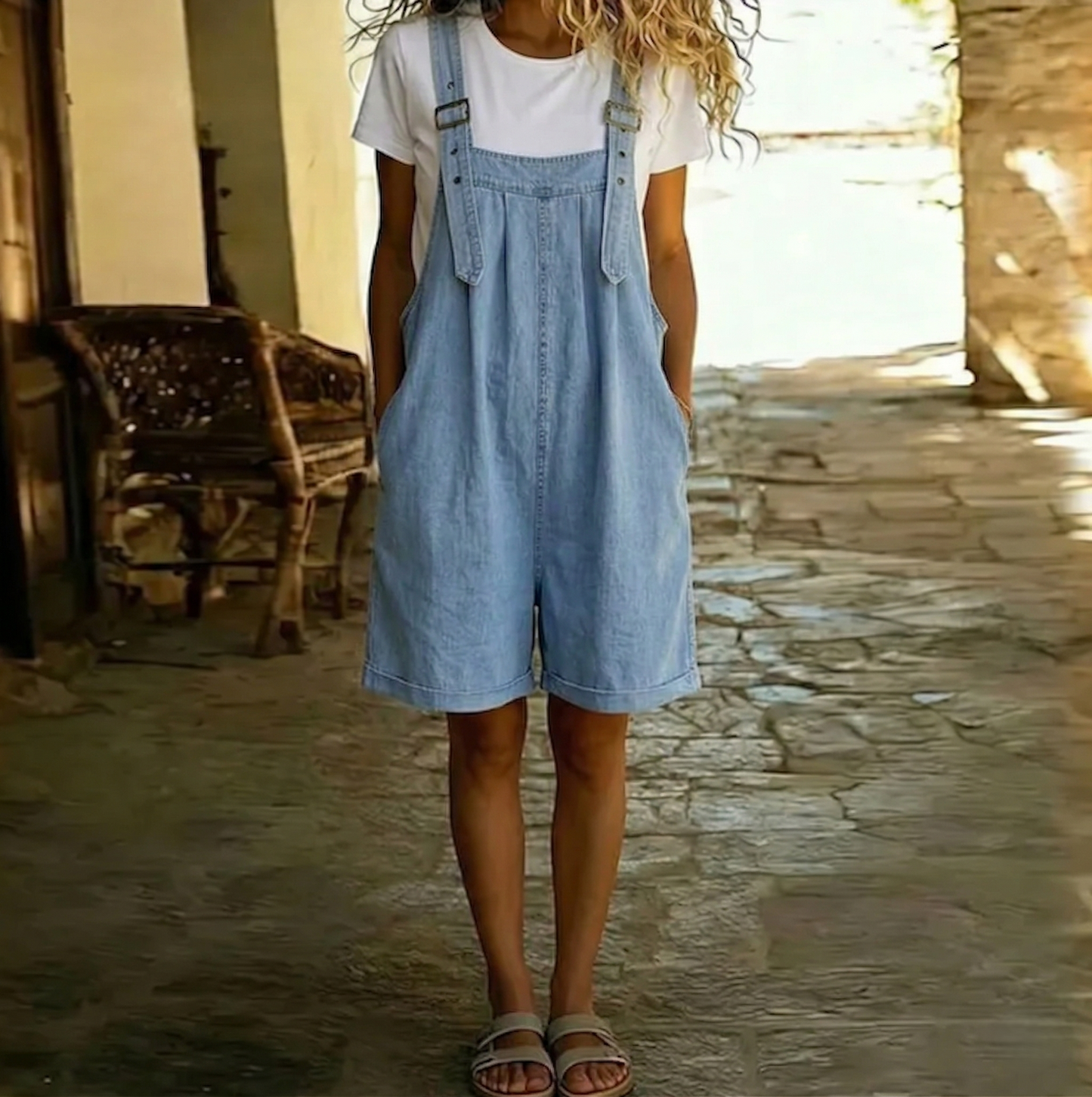 Clara | Mono de denim de algodón suave con efecto vintage lavado azul claro