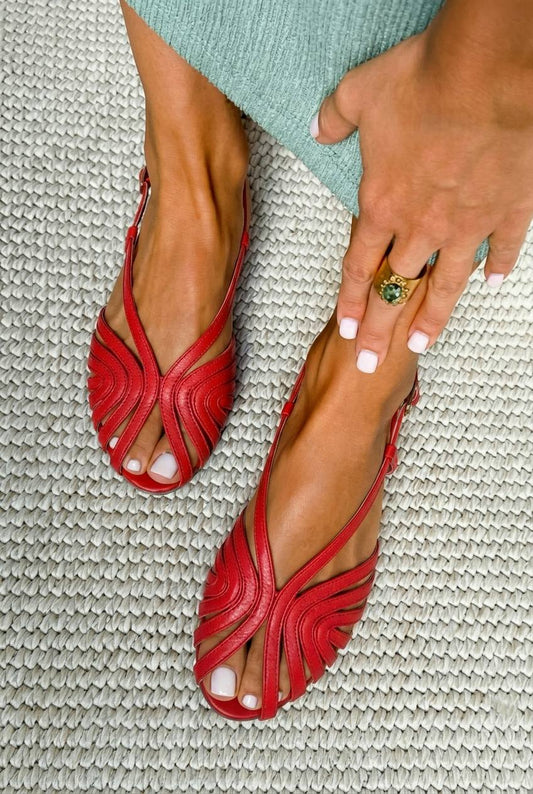 Sandalias peep-toe de verano planas rojas, de cuero, con tiras y diseño tipo jaula