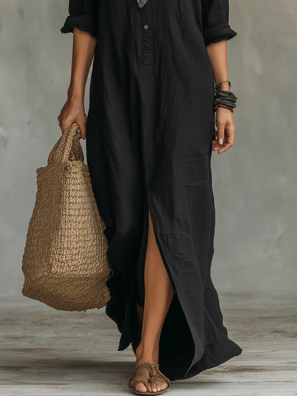 Samara | Vestido Maxi Negro Holgado con Botones