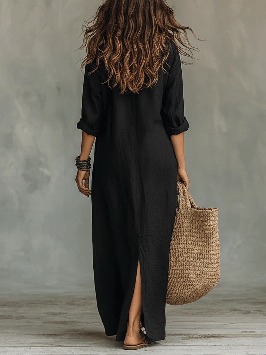 Samara | Vestido Maxi Negro Holgado con Botones