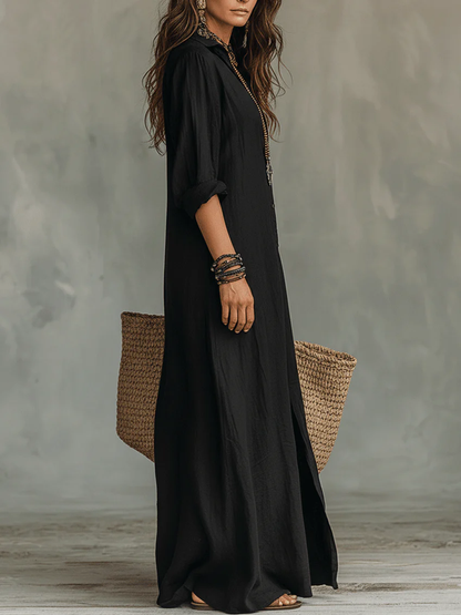 Samara | Vestido Maxi Negro Holgado con Botones