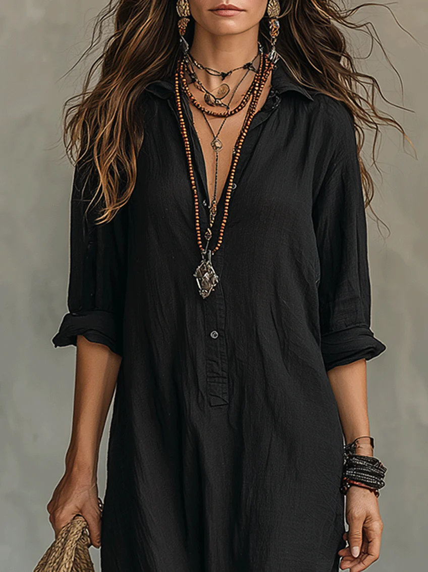 Samara | Vestido Maxi Negro Holgado con Botones