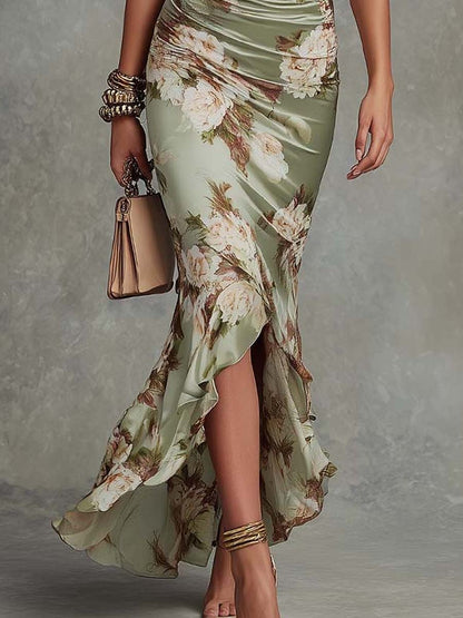 Anne | Vestido largo asimétrico de satén verde con escote en V, mangas abullonadas y estampado floral