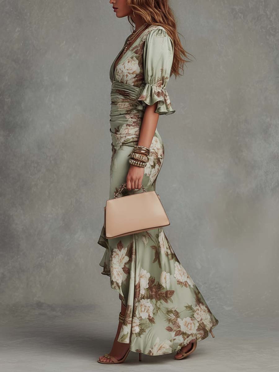 Anne | Vestido largo asimétrico de satén verde con escote en V, mangas abullonadas y estampado floral