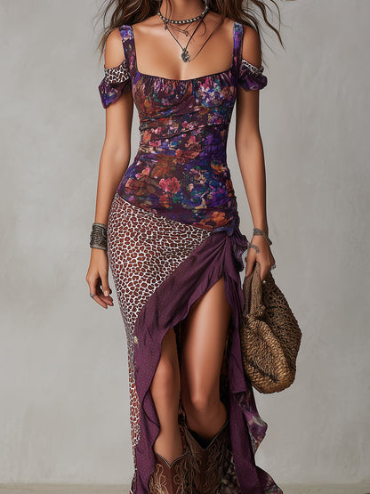 Lys | Vestido maxi violeta de estilo nómada urbano con estampado de leopardo, flores y abertura alta