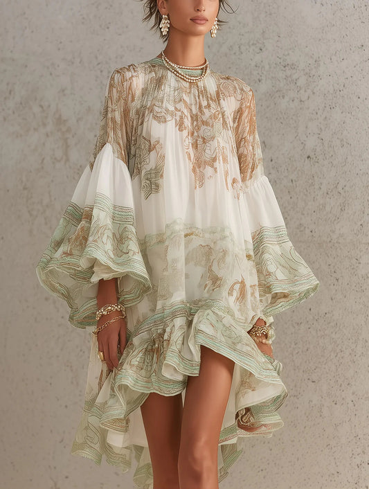 Solange | Vestido corto asimétrico de muselina verde con volantes y mangas campana