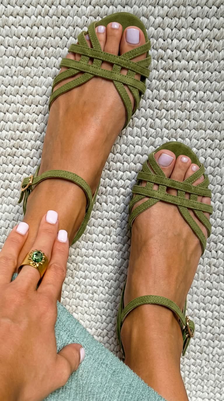 Sandalias de gamuza bajas color cuero con hebilla en el tobillo y correas múltiples